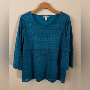 Dana Buchman Turquoise Lace 3/4 Bell Sleeve Lace Overlay Blouse